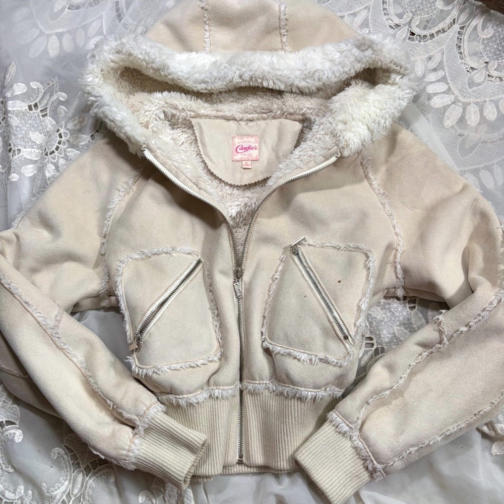 Y2K Candies Faux Suede Shearling Cropped Jacket Hoodie Beige Vintage Style L